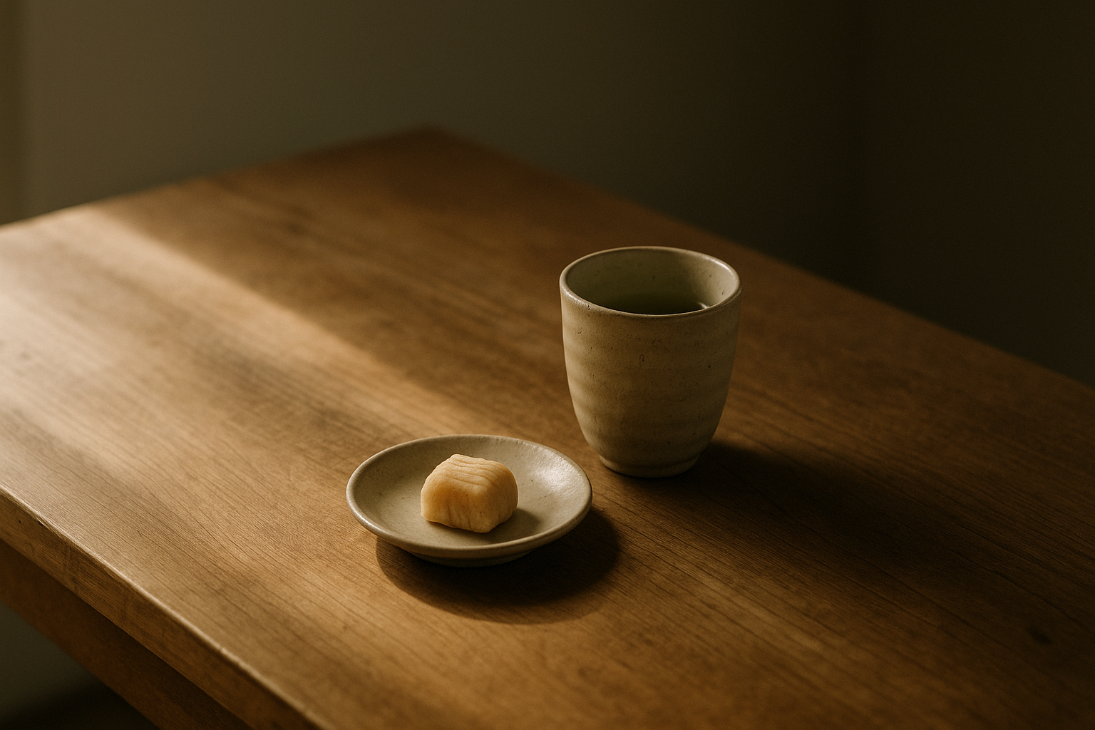 A teacup and a small Japanese sweet on a wooden table, lit by gentle morning sun