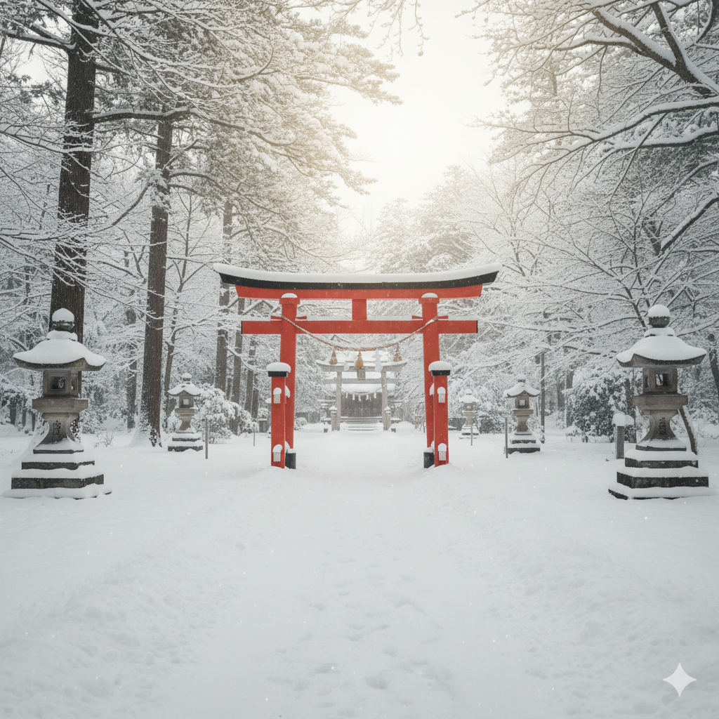 A Shinto shrine blanketed in snow
