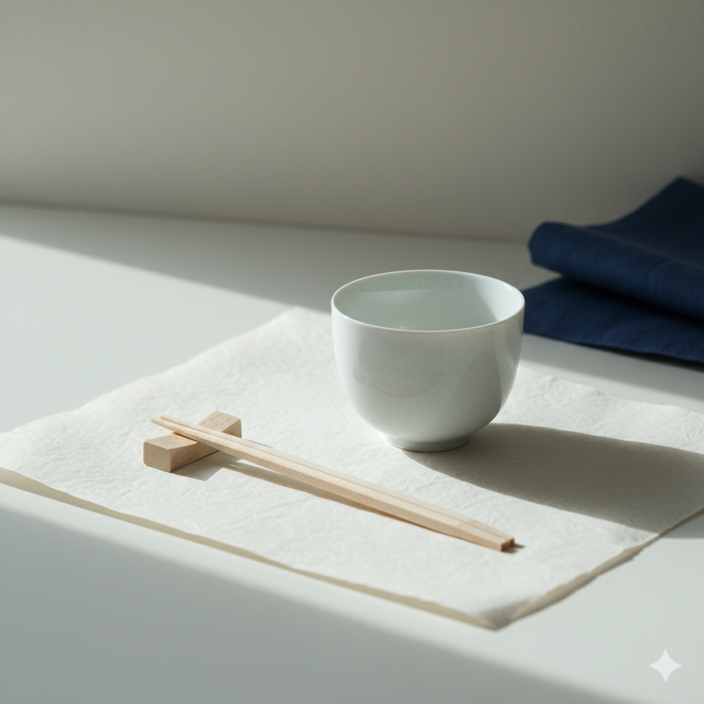A still life of a white porcelain teacup and a wooden chopstick rest on washi paper