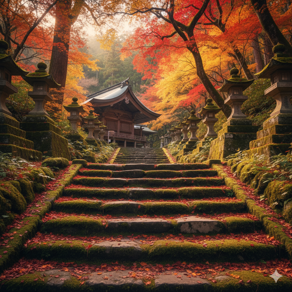 A mountain temple surrounded by autumn foliage
