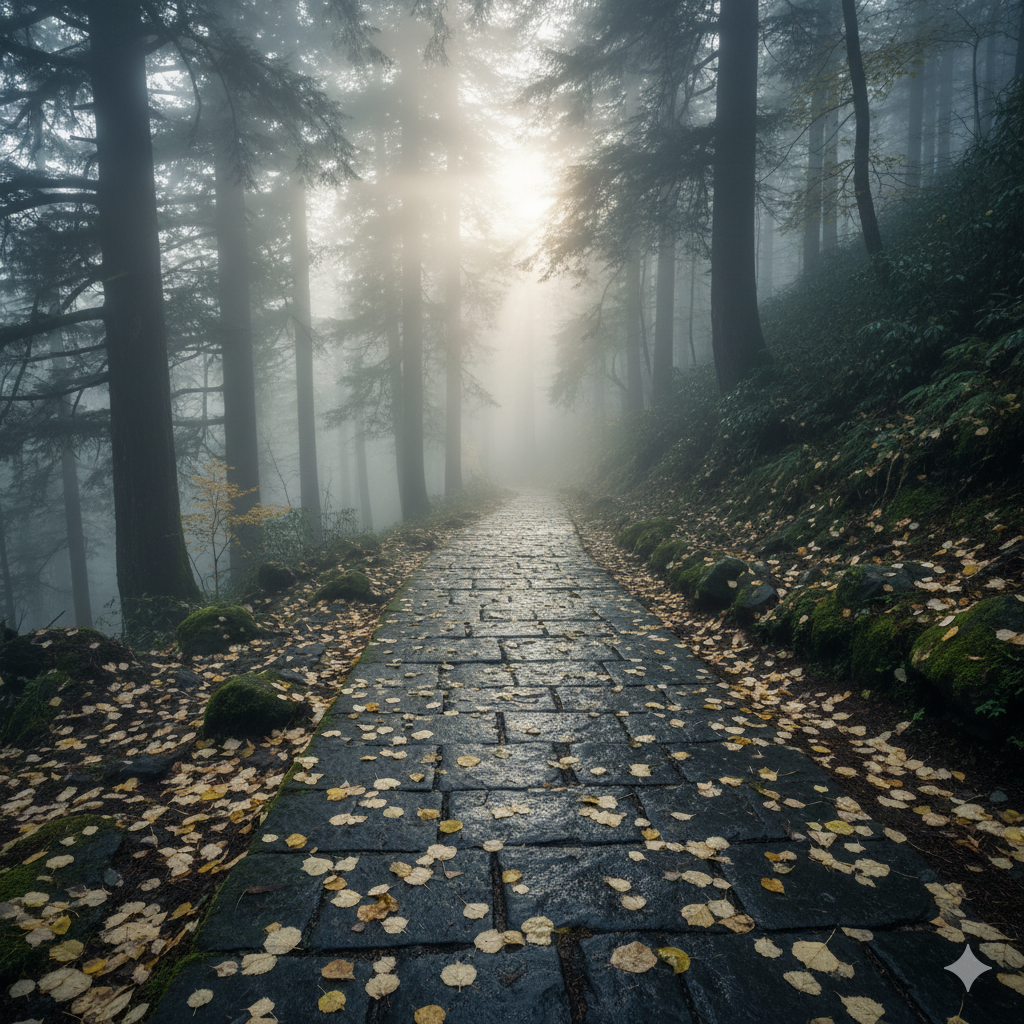 A mountain path wrapped in morning mist, damp stone pavement scattered with fallen leaves