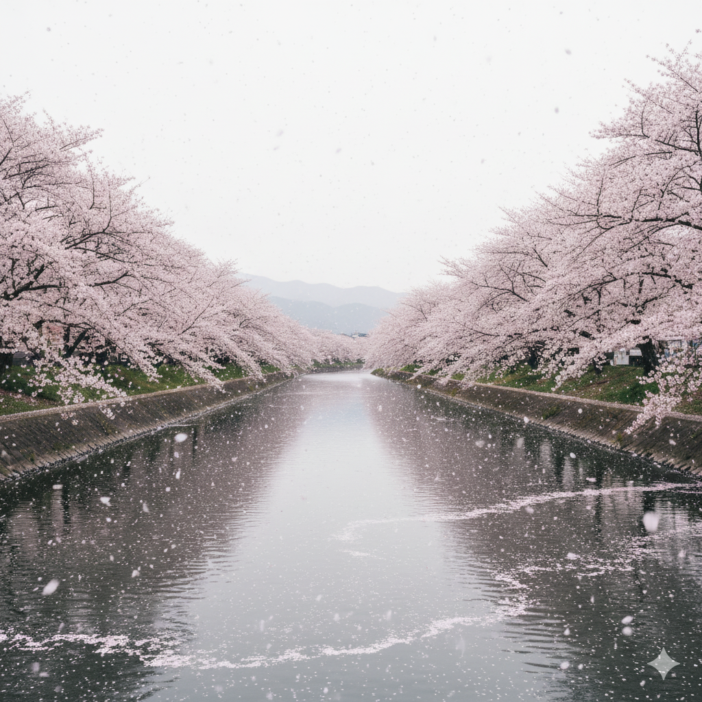 A quiet riverside lined with cherry blossoms