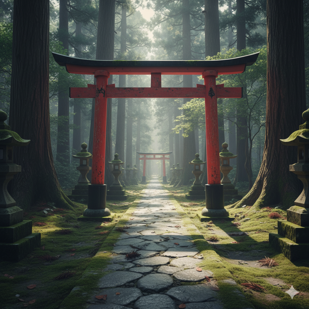 A red torii gate standing quietly in a forest